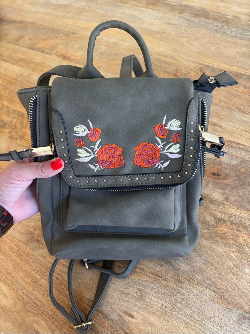 Embroidered Olive Mini Backpack with Floral Accent